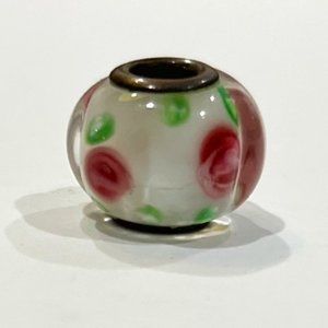 Pandora Bead: White, Clear Bead with Pink Roses